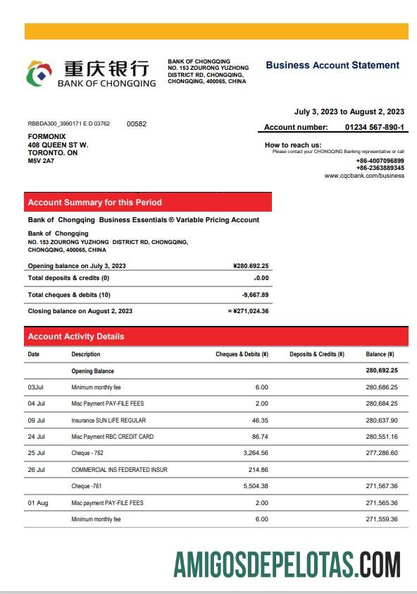 Imprimível Bank Of Chongqing Enterprise Statement modelo Word e PDF